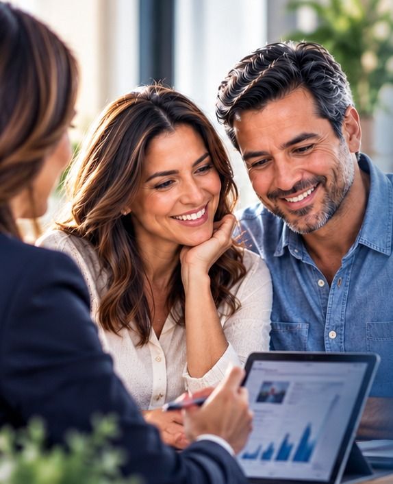 A MuAr Finances advisor talks with a couple in front of a laptop.