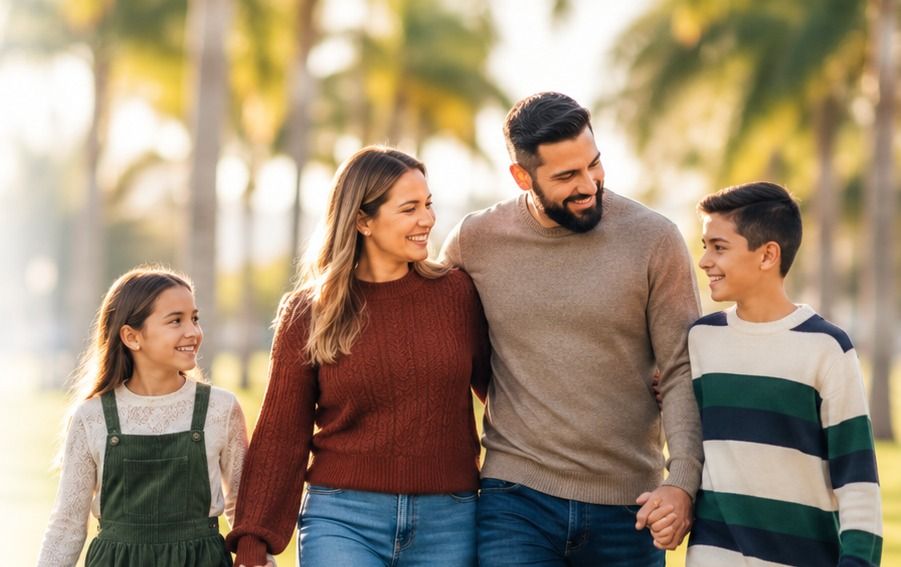 A family with two children walks among palm trees at sunset.