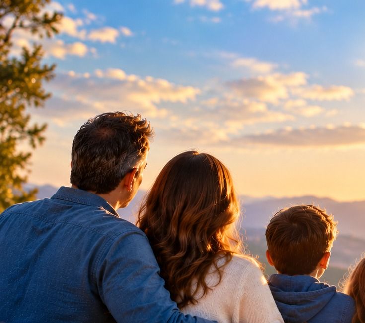 A family watches the sunset over the bay from a hilltop.