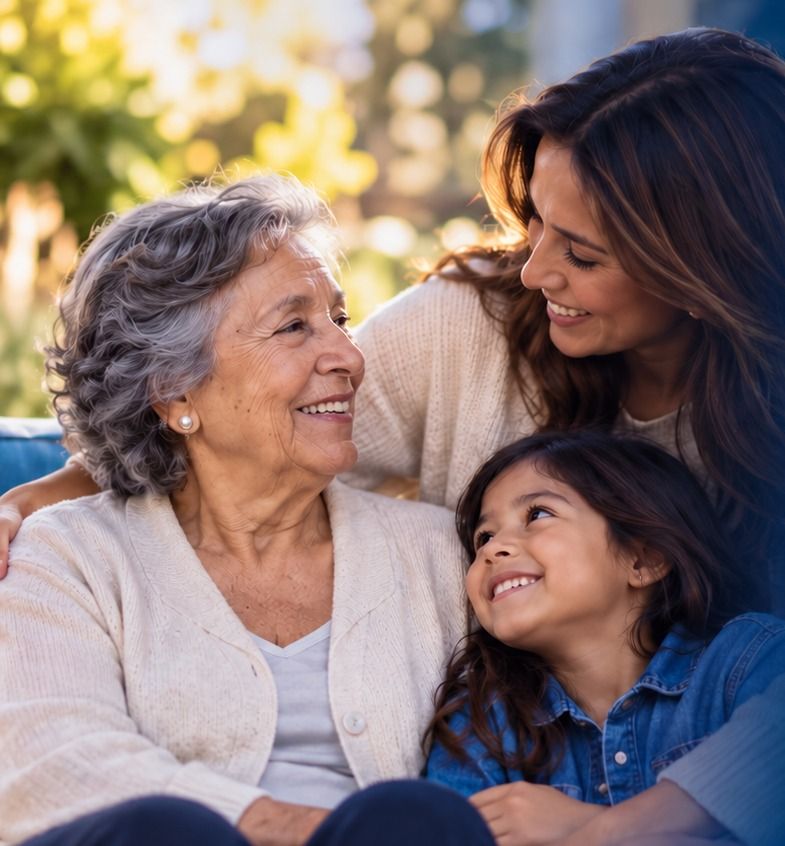 Three generations of a family share a moment in the garden.