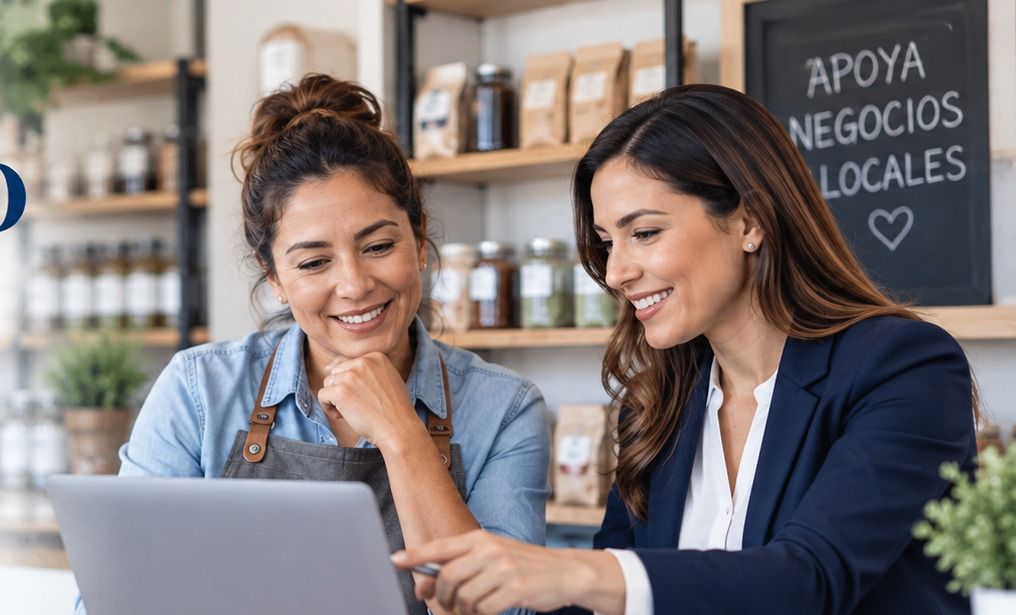 Two women review a laptop behind the counter of their business.