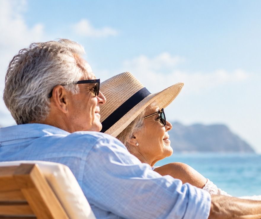 A retired couple relaxes on sun loungers facing the sea.